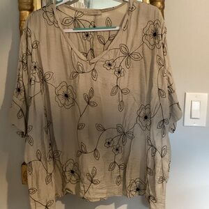 Cutloose rayon tunic top black stitching on tan background, half sleeves v neck.